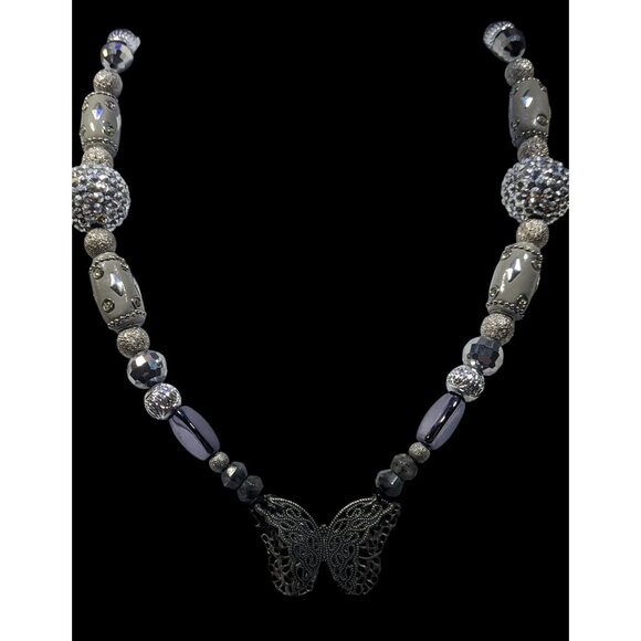 Handmade Fairycore Chunky Butterfly Silver Tone Beaded Necklace - Picture 4 of 5